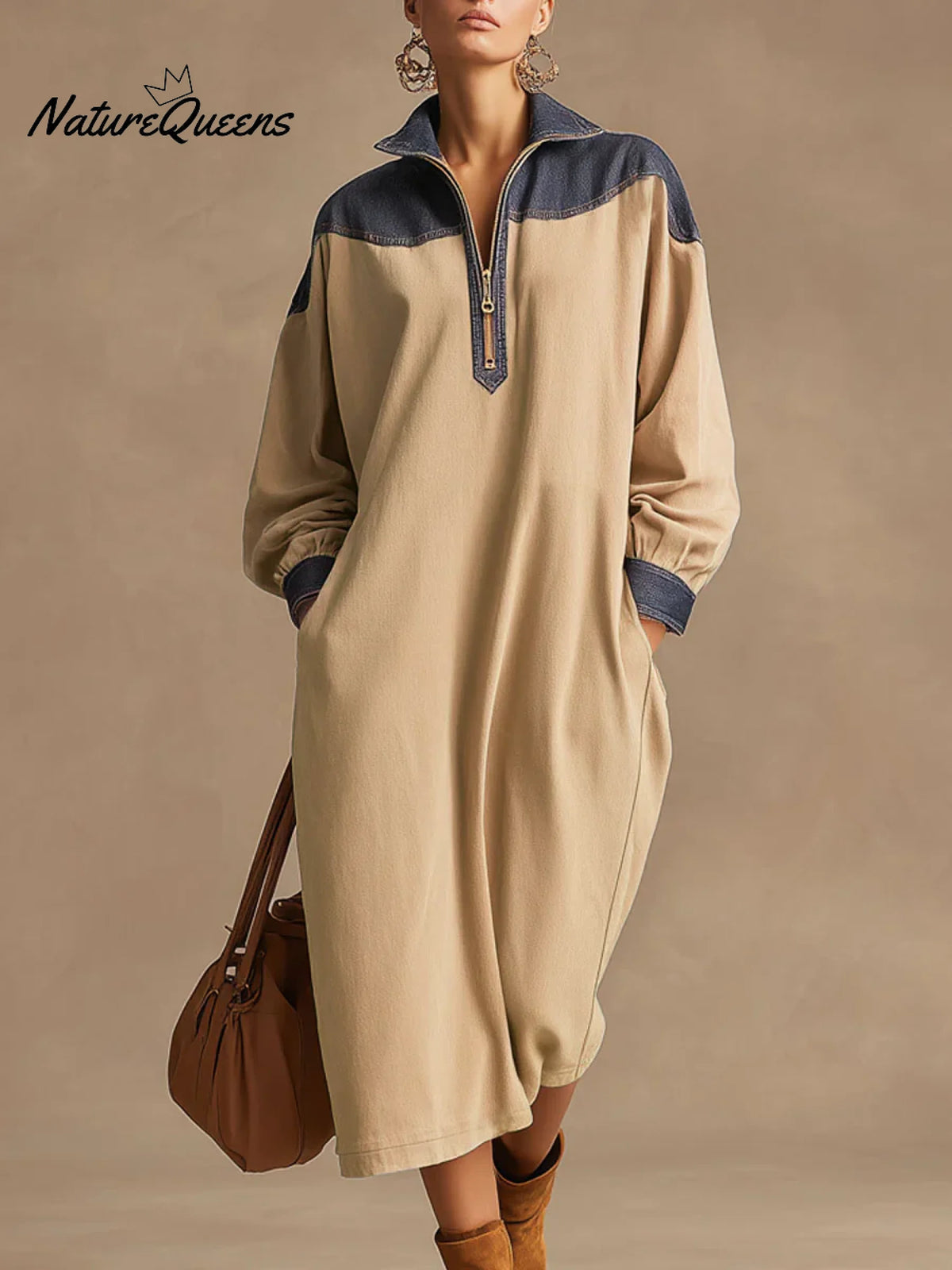Women's Color-blocked Stand Collar Long Sleeve Casual Loose Cotton Dress