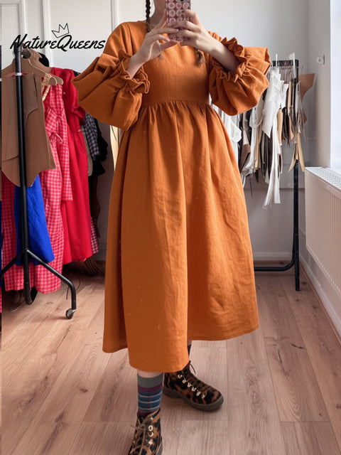 Women's Cotton And Linen Solid Color Loose Casual Lantern Sleeve Dress