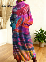 Women's Retro Color Fish Gradient High-neck Long-sleeve Casual Loose Knit Dress