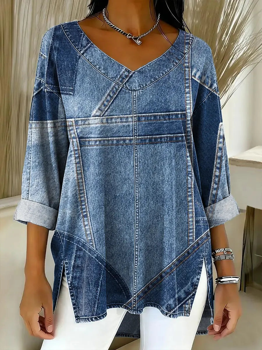 Women's Patchwork Pattern Art Print Casual Denim Shirt