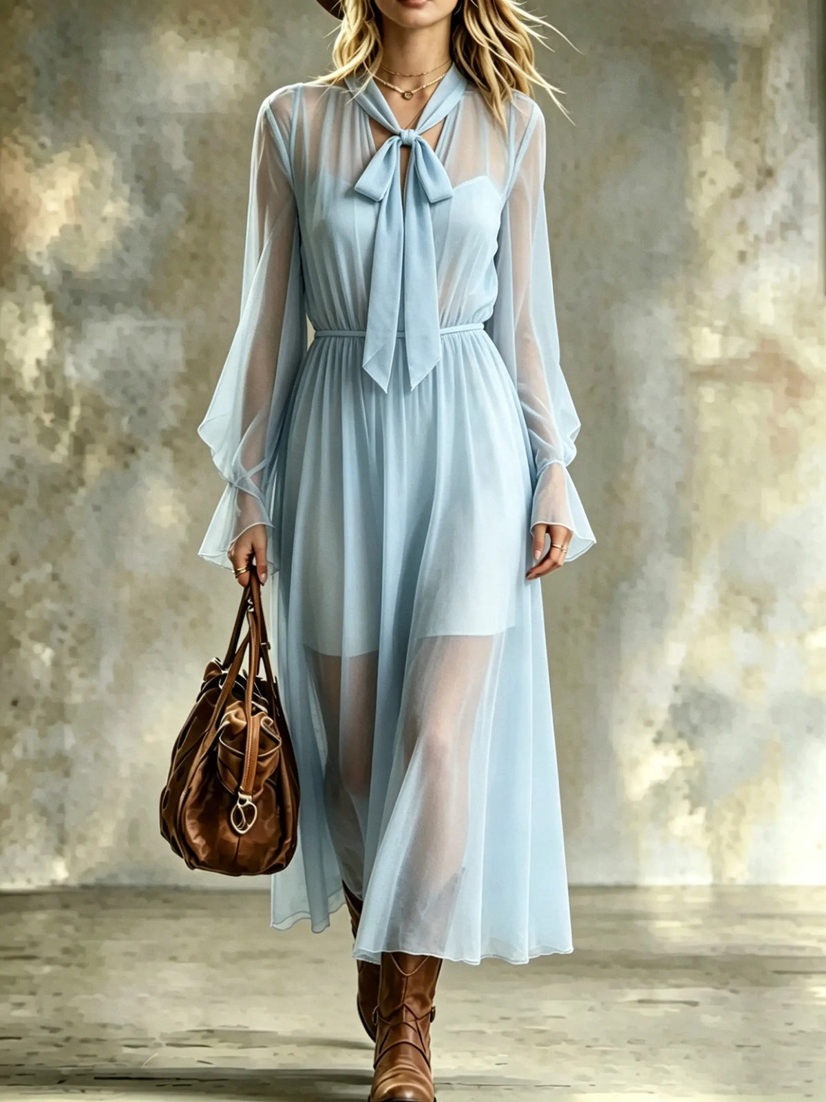 Women's Elegant Bow Tie Neck Long Flare Sleeves Dress