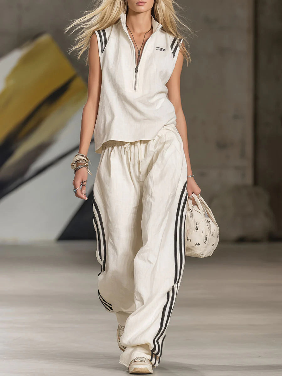 Women's Casual Patchwork Striped Zip-up Top And Pants Two-piece Set