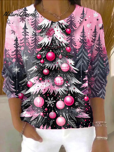 Women's Christmas Tree Print Casual Peter Pan Collar 3/4 Sleeve Sweater