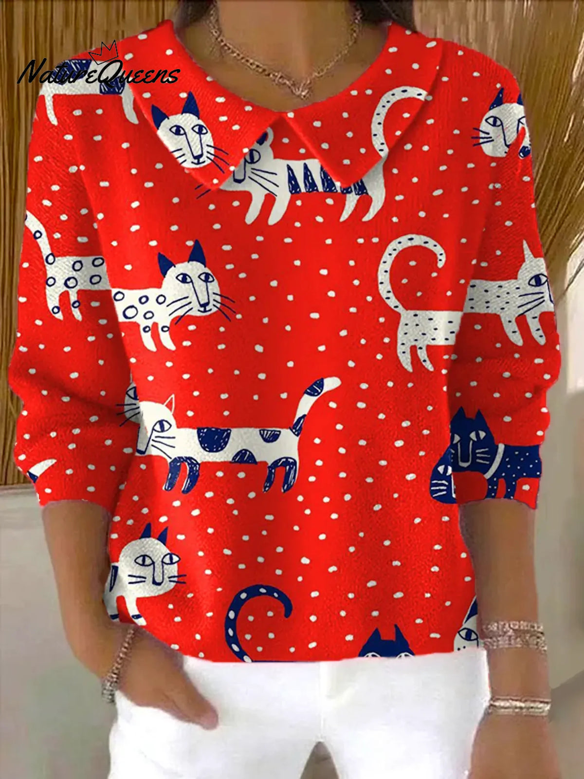 Women'sCute CatPrint Casual Peter Pan Collar 3/4 Sleeve Sweater