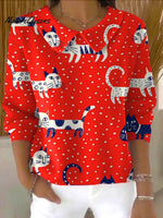 Women'sCute CatPrint Casual Peter Pan Collar 3/4 Sleeve Sweater
