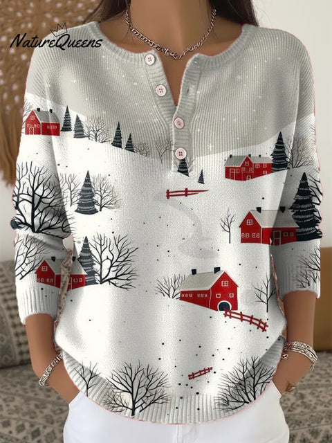 Women's Christmas Pattern Art Print Buttoned Cardigan Sweater