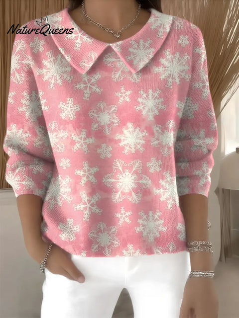 Women's Pink Snowflakes Casual Peter Pan Collar 3/4 Sleeve Sweater