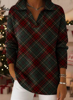 Christmas Plaid Gradient Art Pattern Polo Collar Shiny Loose Sweater Top