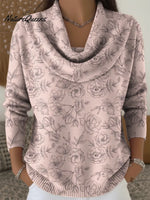 Women's Rose Art Print Cowl Neck Sweater