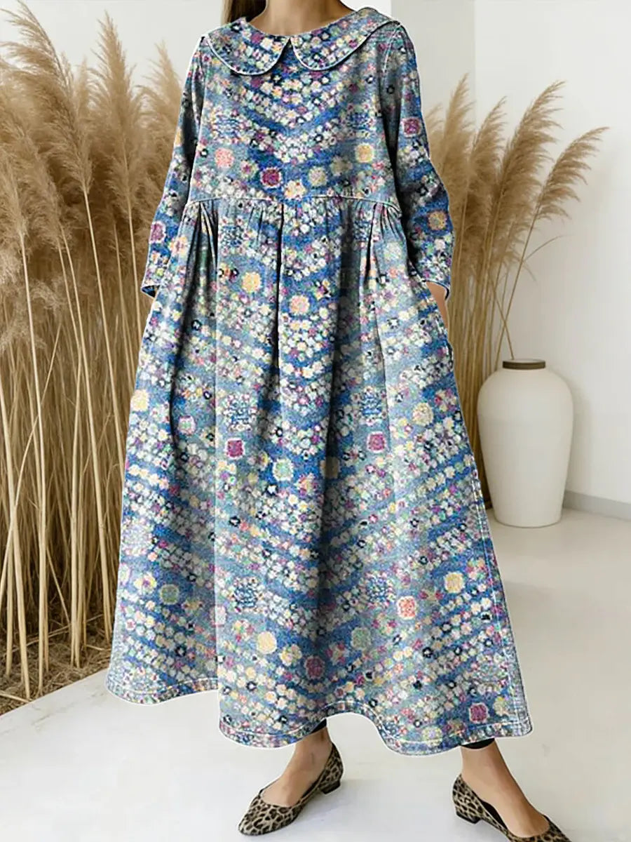 Women Vintage Pattern Art Print Casual Denim Dress