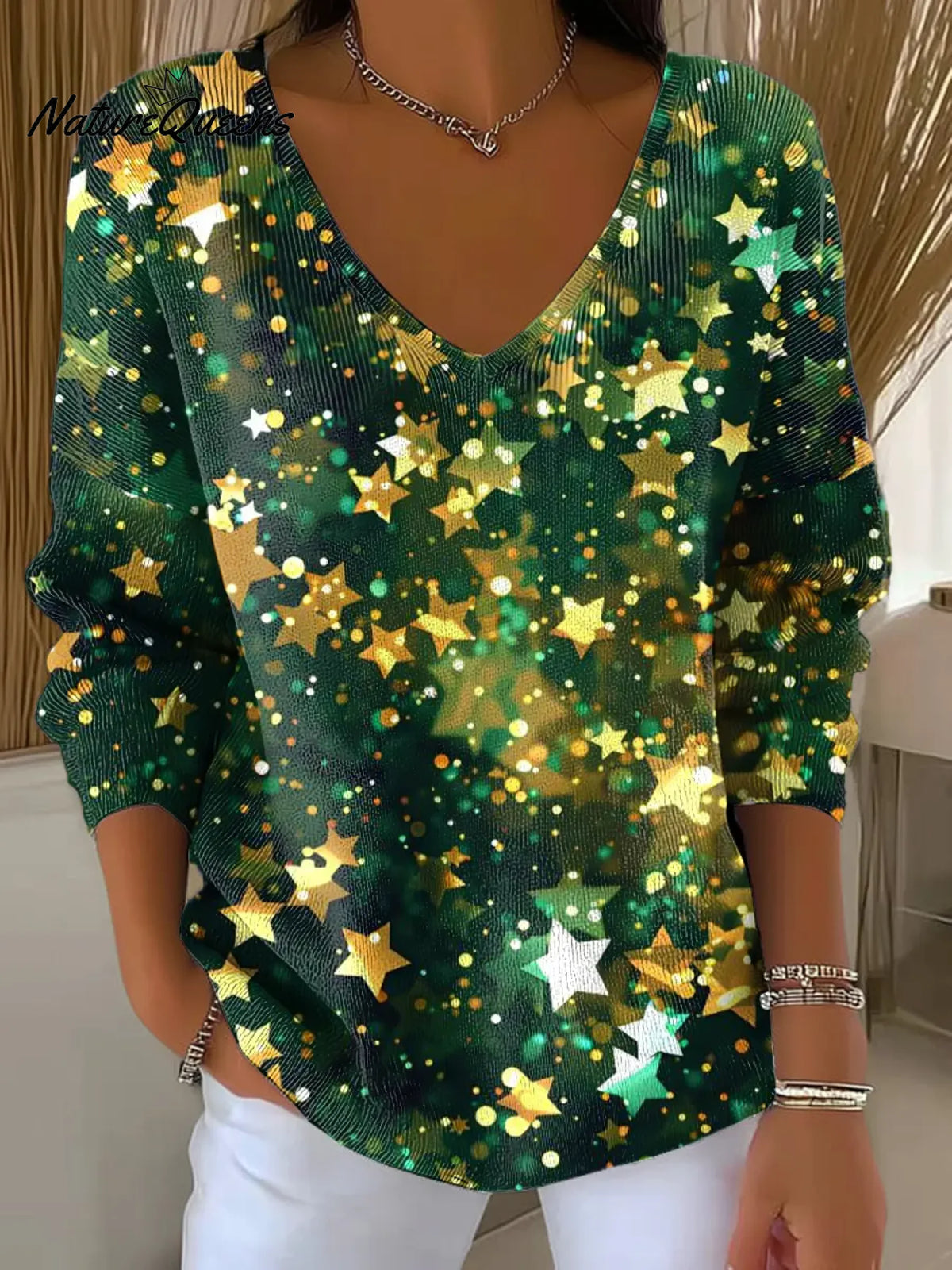 Green Sparkling Stars Printed Casual V-neck Sweater