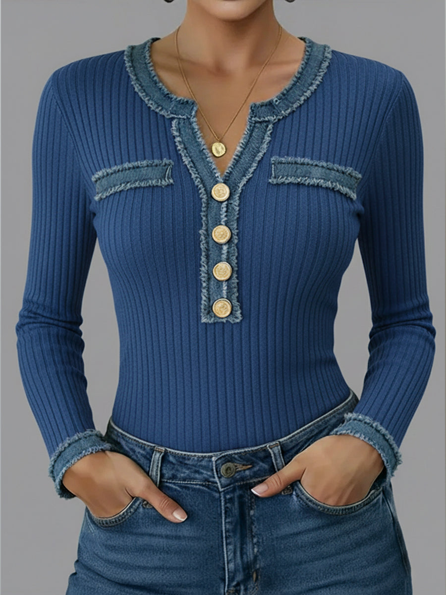 Casual Patchwork Denim Webbing Knit Top