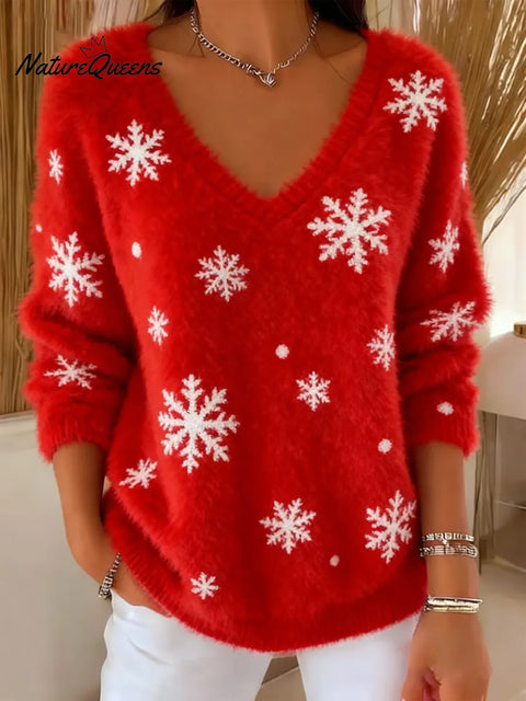 Women's Christmas Snowflake  Art Print Casual Pullover Sweater