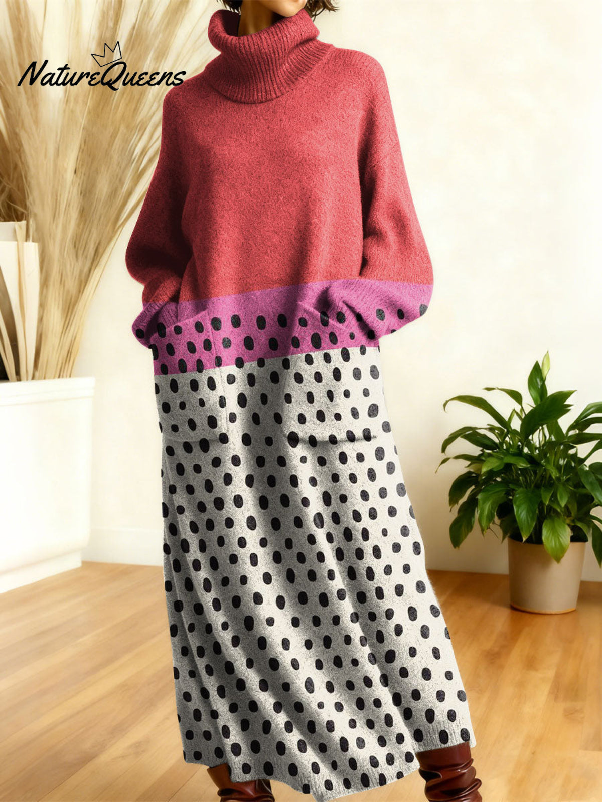 Women's Retro Abstract Geometric Colorful Splicing Patterns Art High-neck Long-sleeve Casual Loose Knit Dress