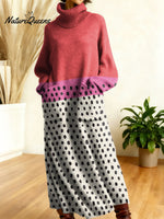 Women's Retro Abstract Geometric Colorful Splicing Patterns Art High-neck Long-sleeve Casual Loose Knit Dress