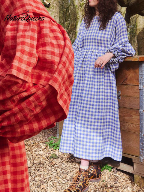 Women's Cotton And Linen Plaid Lantern Sleeve Dress