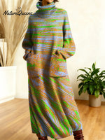 Women's Retro Color Gradient High-neck Long-sleeve Casual Loose Knit Dress