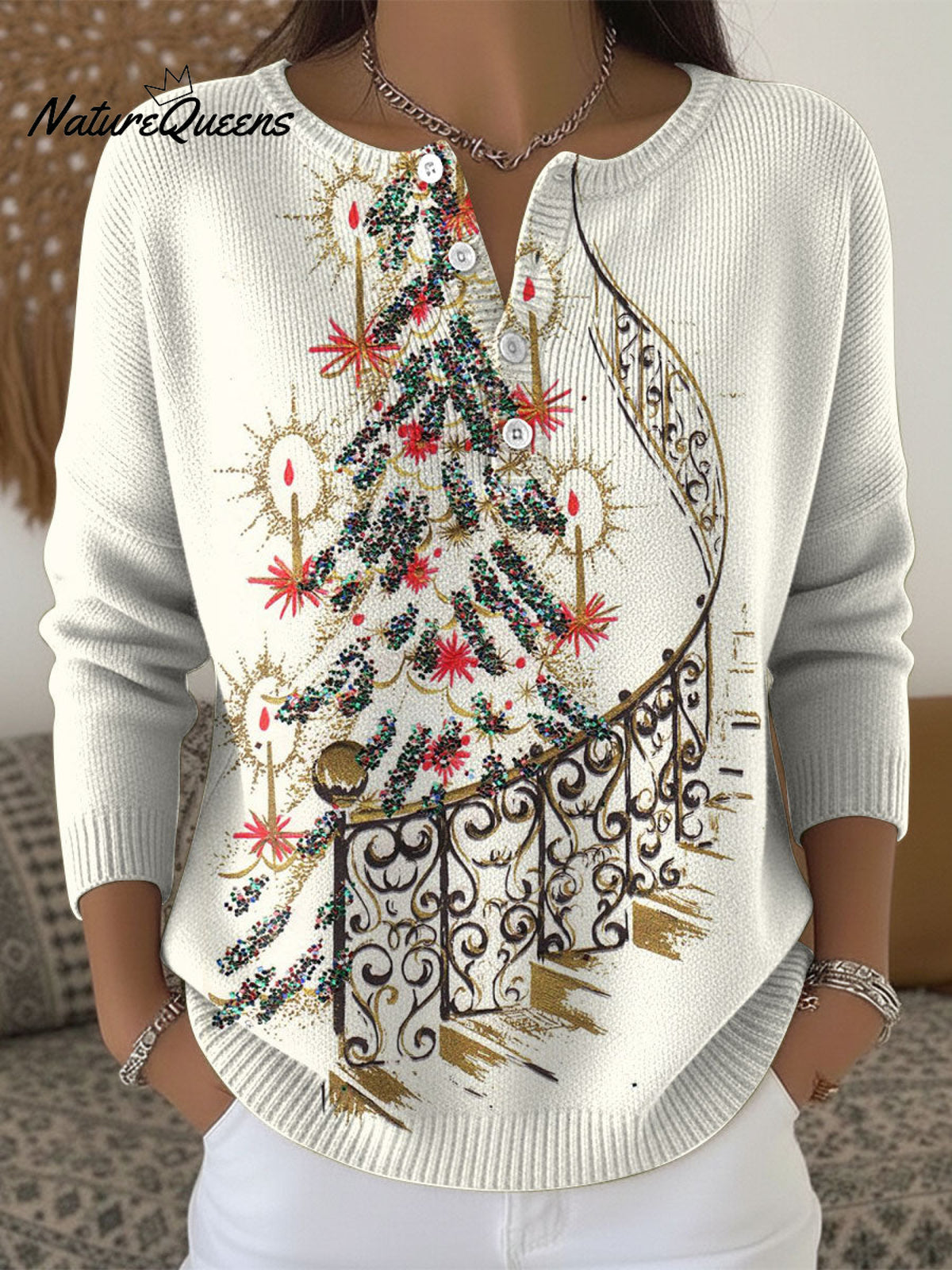 Women's Retro Christmas Trees Snowflake Pattern Art Print Buttoned Cardigan Sweater
