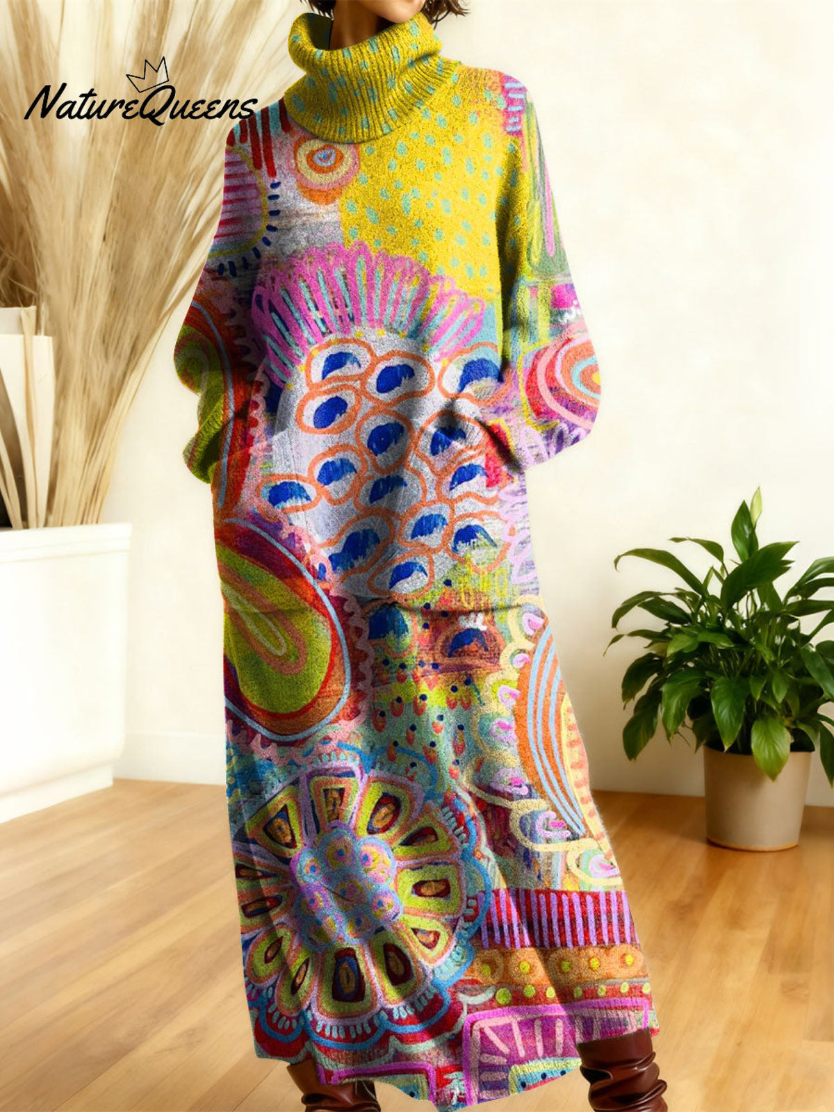 Women's Retro Color Gradient High-neck Long-sleeve Casual Loose Knit Dress