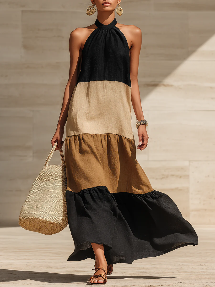 Elegant Artistic Color Blocking Maxi Dress
