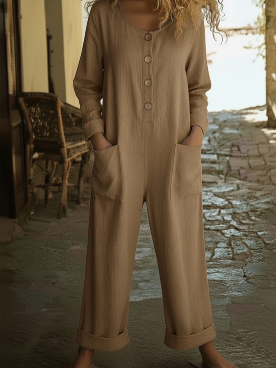 Cozy Round-neck Button-up Linen Jumpsuit