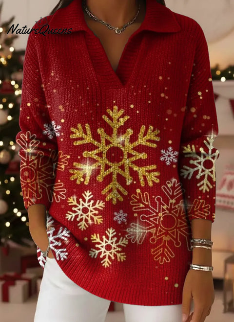 Golden Snowflake Art Print Lapel Casual Knit Sweater