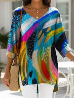 Women's Retro Color Art Print Casual Denim Shirt