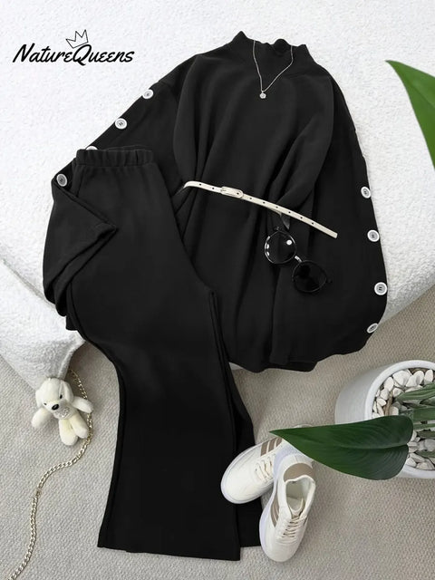 Women's Solid Color High-neck Long-sleeve Casual Loose Knit Top And High-waisted Wide-leg Pants Set