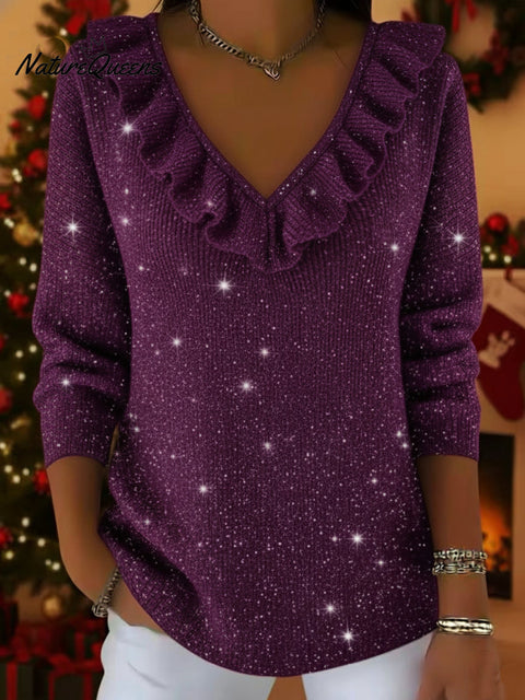 Christmas Elegant V-neck Ruffled Sparkly Sweater Top