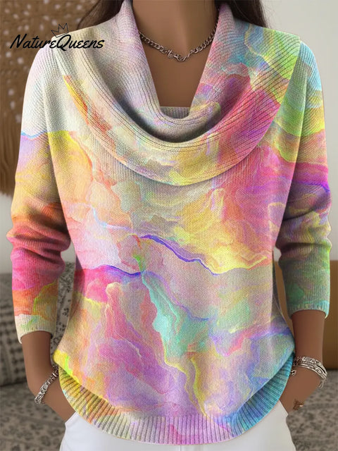 Women's Retro Gradient Dreamy Colors Print Cowl Neck Sweater