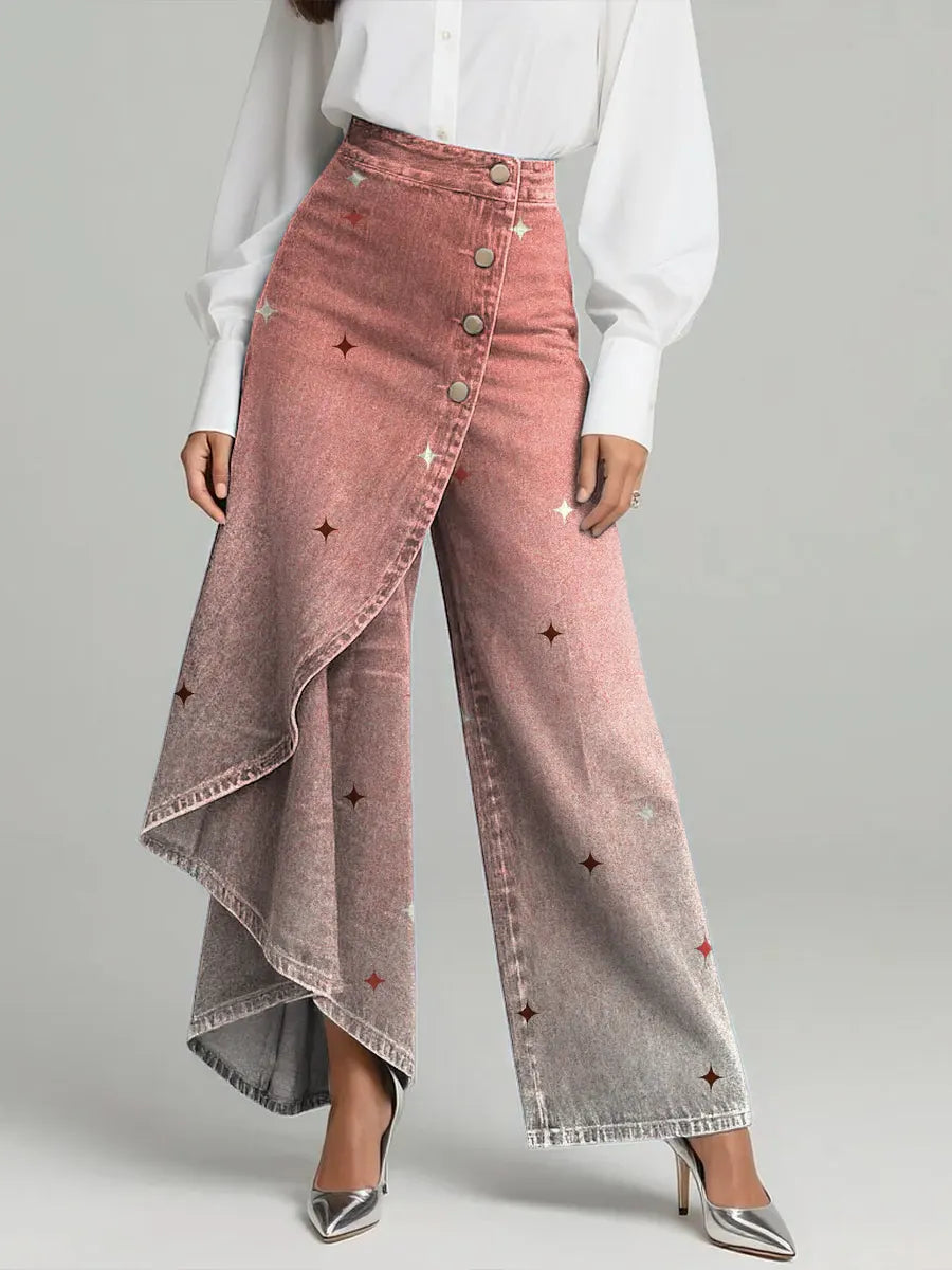 Women's Vintage Pattern Art Print Casual Cotton Denim Pants