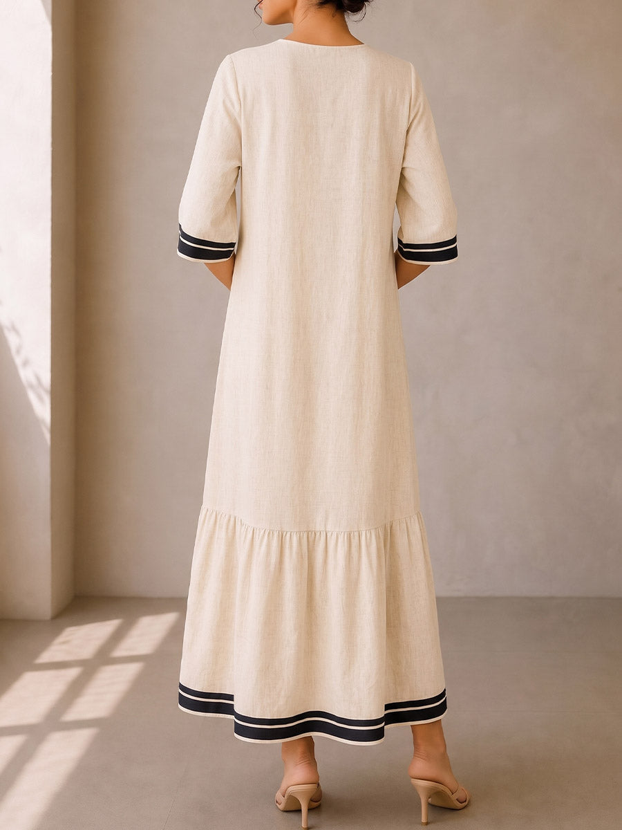 Women's V-neck 3/4-sleeve Casual Loose-fit Cotton-linen Dress