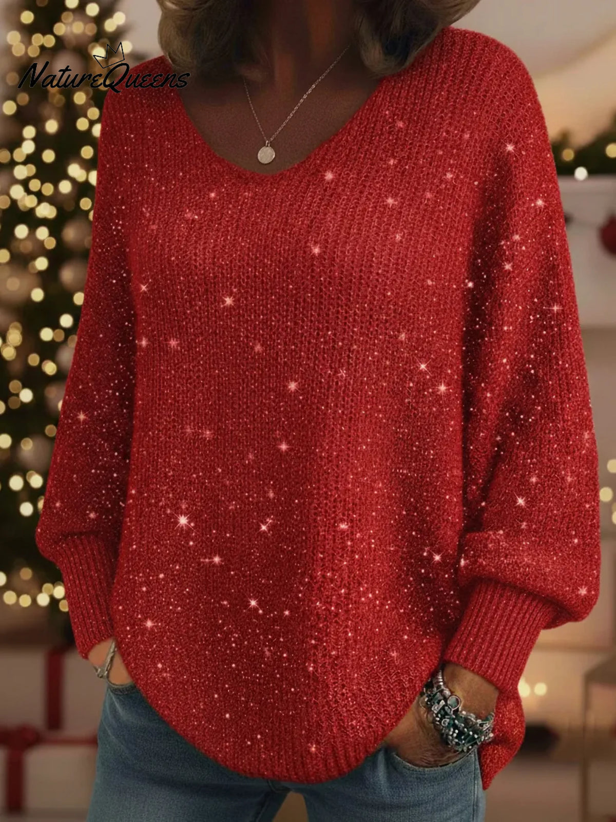 Christmas Sparkling Cozy V-neck Lantern Sleeve Knit Sweater