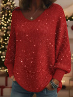 Christmas Sparkling Cozy V-neck Lantern Sleeve Knit Sweater