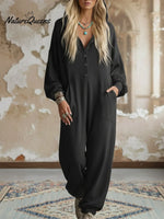 Casual Cozy Loose Hooded Button-up Cotton Jumpsuit