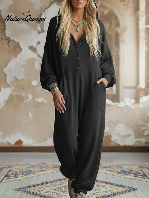 Casual Cozy Loose Hooded Button-up Cotton Jumpsuit