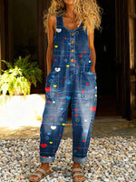 Women's Vintage Love Print Casual Cotton Vest Denim Jumpsuit