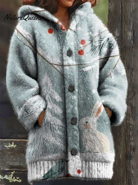Women's Retro Christmas Snow Cute Animals Rabbit Pattern Art Print Casual Plush Warm Coat