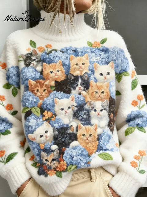 Women's Funny Cats Pattern Art Print Casual Velvet Sweater