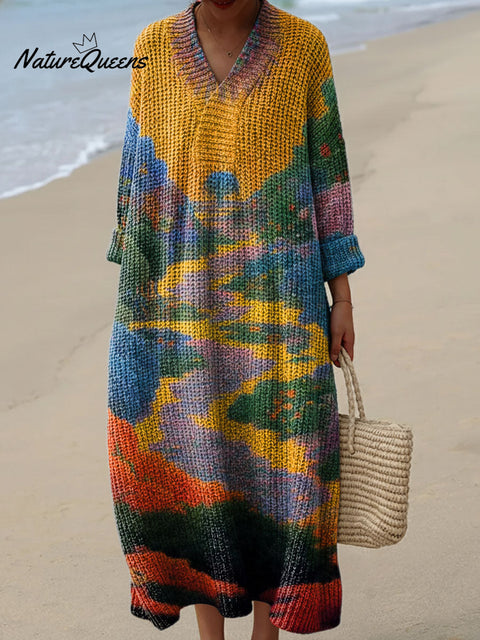 Painting Art Garden Landscape Decorative Patterns Women's Casual V-collar Long Sleeve Dress