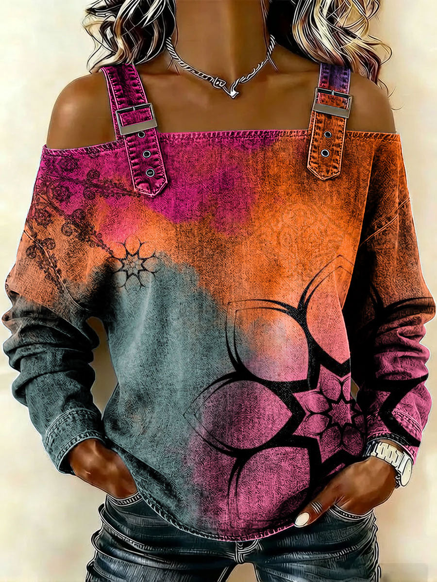 Women‘s Vintage Flowers Pattern Art Print Casual Cotton Denim Shirt