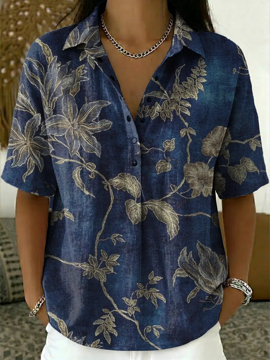 Women's Vintage Floral Pattern Art Print Casual Cotton Linen Shirt