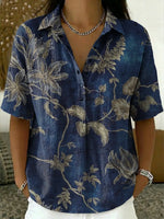 Women's Vintage Floral Pattern Art Print Casual Cotton Linen Shirt