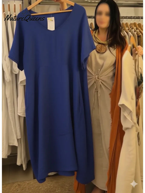 Women's Casual V-neck Pocket Cotton Linen Dress