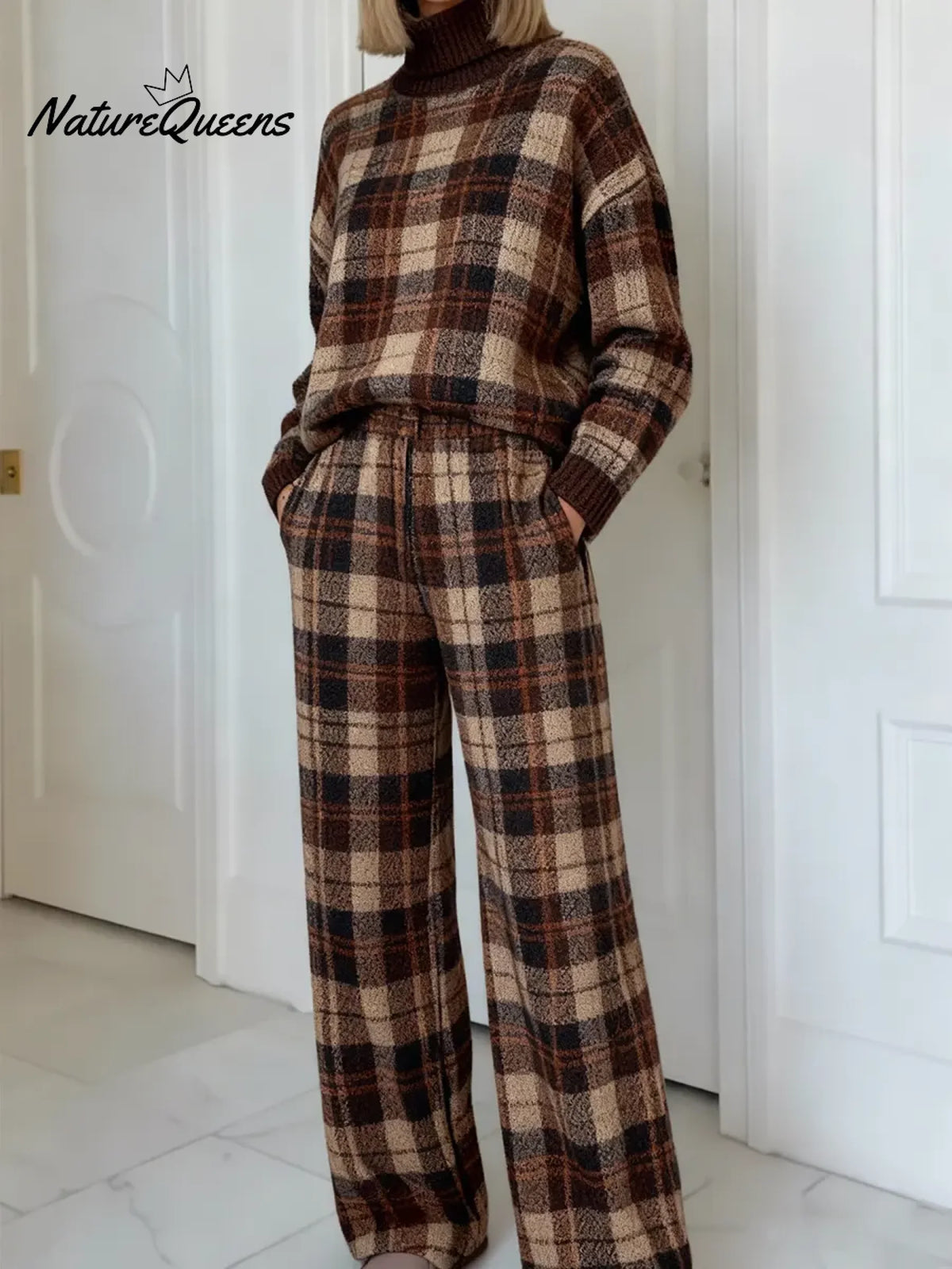 Women's Vintage PlaidArt Print Casual Knitted Cotton Top Pants Suit
