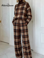 Women's Vintage PlaidArt Print Casual Knitted Cotton Top Pants Suit