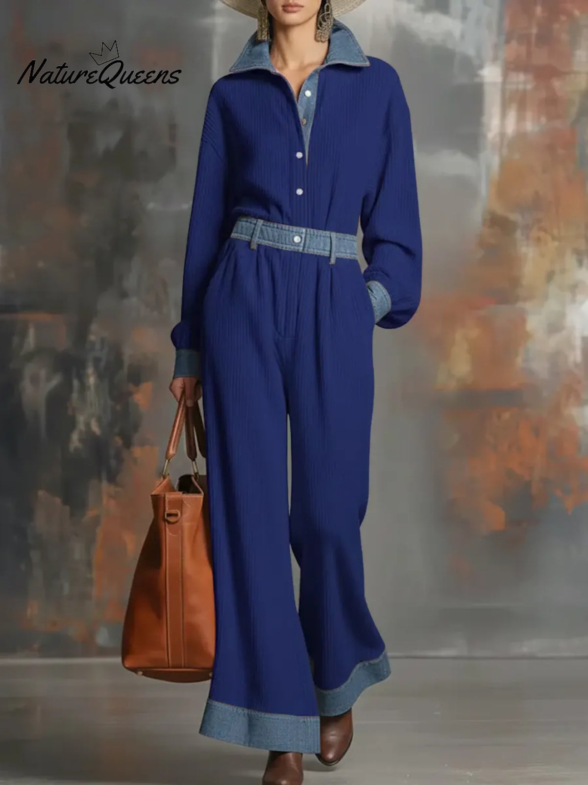 Women's Solid Color Denim Patchwork Shirt Collar Long Sleeve Casual Loose Knit Jumpsuit