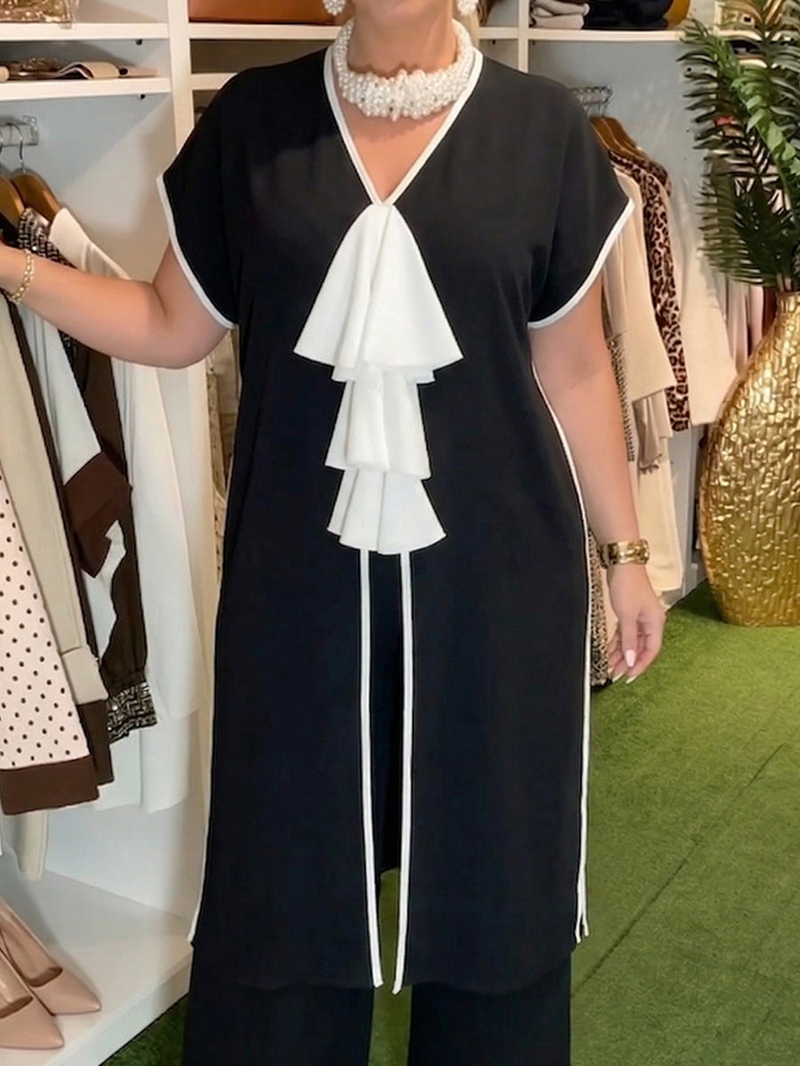 Elegant Contrast-trim Tie-detail Chiffon Longline Blouse