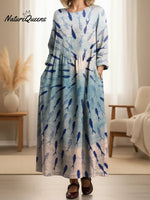 Women's Vintage Blue Art Fish Print Pocket Cotton Dress