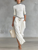 Cozy Stretch Knit Top And Linen And Cotton Trousers Two-piece Set